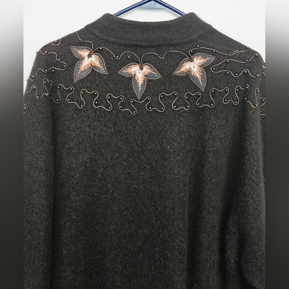 Vintage VIMI 100% Angora Wool Embroidered Dark Chocolate Sz L Lined Cardigan - Picture 11 of 15